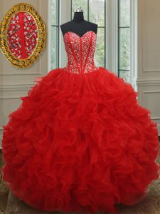Red Organza Lace Up Sweetheart Sleeveless Floor Length Vestidos de Quinceanera Beading and Ruffles