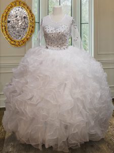 Exquisite See Through White Sweet 16 Dresses Military Ball and Sweet 16 and Quinceanera with Beading and Ruffles Scoop Long Sleeves Lace Up