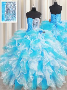 Sweetheart Sleeveless Organza 15th Birthday Dress Ruffles and Sequins Lace Up