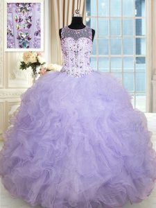 Luxury Scoop Sleeveless Lace Up Quince Ball Gowns Lavender Tulle