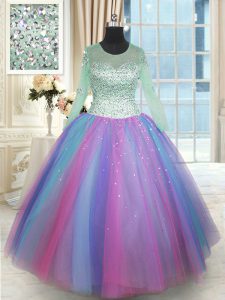Fashionable Scoop Multi-color Ball Gowns Beading Quinceanera Dress Lace Up Tulle Long Sleeves Floor Length