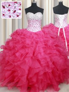 Custom Fit Floor Length Lace Up Quince Ball Gowns Hot Pink for Military Ball and Sweet 16 and Quinceanera with Beading and Ruffles
