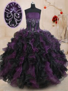 Customized Black And Purple Strapless Lace Up Beading and Ruffles Sweet 16 Dresses Sleeveless