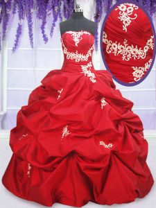 Pick Ups Ball Gowns Vestidos de Quinceanera Red Strapless Taffeta Sleeveless Floor Length Lace Up