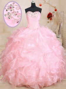 Floor Length Lace Up Ball Gown Prom Dress Baby Pink for Military Ball and Sweet 16 and Quinceanera with Beading and Ruffles