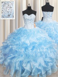 Fabulous Floor Length Light Blue Quinceanera Dresses Organza Sleeveless Beading and Ruffles
