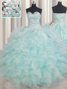 Light Blue Sleeveless Floor Length Beading and Ruffles Lace Up Quinceanera Dress