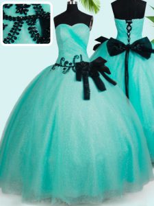 Fashionable Ball Gowns Quince Ball Gowns Turquoise Sweetheart Tulle Sleeveless Floor Length Lace Up