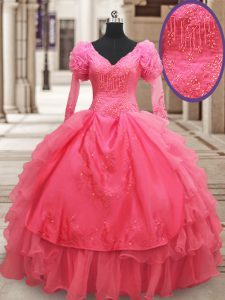 Elegant Half Sleeves Floor Length Beading and Embroidery and Ruffled Layers Zipper Sweet 16 Quinceanera Dress with Pink