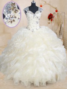 Top Selling Champagne Organza Zipper Straps Cap Sleeves Floor Length Quinceanera Gowns Beading and Ruffles