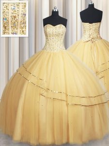 Gold Lace Up Ball Gown Prom Dress Beading and Sequins Sleeveless Floor Length