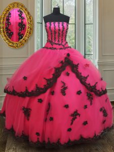 Floor Length Lace Up Quinceanera Dresses Hot Pink for Military Ball and Sweet 16 and Quinceanera with Beading and Appliques