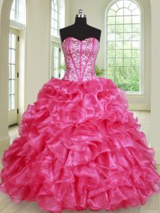Hot Pink Sleeveless Floor Length Beading and Ruffles Lace Up Sweet 16 Quinceanera Dress