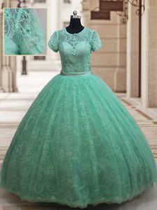 Sexy Apple Green Sweet 16 Dress Military Ball and Sweet 16 and Quinceanera with Lace Scoop Short Sleeves Zipper