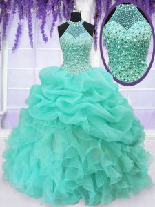 Superior Pick Ups Ball Gowns Quinceanera Gown Aqua Blue Halter Top Organza Sleeveless Floor Length Lace Up