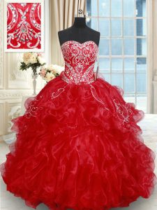 Organza Sleeveless Quinceanera Dress Brush Train and Beading and Embroidery and Ruffled Layers