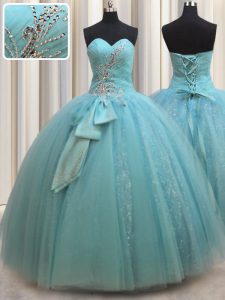 Suitable Floor Length Lace Up Sweet 16 Dress Aqua Blue for Military Ball and Sweet 16 and Quinceanera with Beading and Bowknot