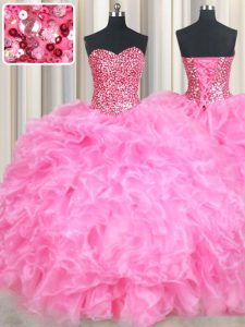 New Arrival Sequins Ball Gowns Quinceanera Gown Rose Pink Sweetheart Organza Sleeveless Floor Length Lace Up