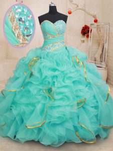 Dramatic Beading and Ruffles and Sequins Sweet 16 Dresses Apple Green Lace Up Sleeveless Floor Length
