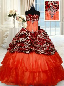 Orange Red Ball Gowns Sweetheart Sleeveless Organza Brush Train Lace Up Beading Sweet 16 Dresses