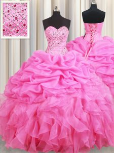 Sleeveless Floor Length Beading and Ruffles and Pick Ups Lace Up Quinceanera Dresses with Rose Pink