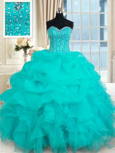 Glittering Turquoise Organza Lace Up Sweetheart Sleeveless Floor Length 15th Birthday Dress Beading and Ruffles and Pick Ups