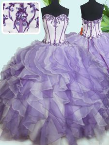 White And Purple Organza Lace Up Sweetheart Sleeveless Floor Length Quince Ball Gowns Beading and Ruffles