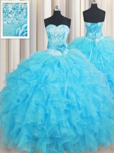 Stylish Baby Blue Ball Gowns Sweetheart Sleeveless Organza Floor Length Lace Up Beading and Ruffles and Hand Made Flower 15 Quinceanera Dress