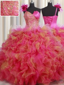 Multi-color Organza and Tulle Lace Up One Shoulder Sleeveless Floor Length Quinceanera Gowns Beading and Ruffles and Hand Made Flower