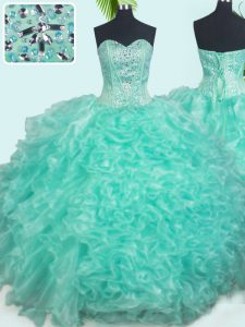 Affordable Turquoise Organza Lace Up Sweet 16 Quinceanera Dress Sleeveless Floor Length Beading and Ruffles
