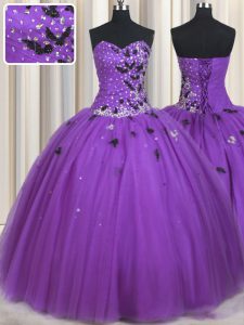 Fashion Eggplant Purple Tulle Lace Up Sweetheart Sleeveless Floor Length Quinceanera Dresses Beading and Appliques