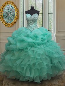 Fantastic Apple Green Ball Gowns Organza Sweetheart Sleeveless Beading and Ruffles and Pick Ups Floor Length Lace Up Quinceanera Gowns