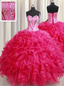 Hot Pink Organza Lace Up Sweetheart Sleeveless Floor Length Ball Gown Prom Dress Beading and Ruffles