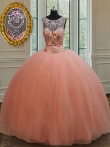 Scoop Sleeveless Tulle Floor Length Lace Up Quince Ball Gowns in Peach with Beading and Sequins