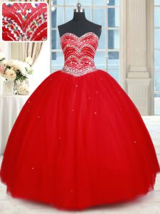 Suitable Red Tulle Lace Up Sweetheart Sleeveless Floor Length Sweet 16 Quinceanera Dress Beading