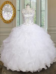 Super Organza Scoop Sleeveless Lace Up Beading and Ruffles Quinceanera Dresses in White
