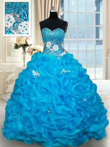 Organza Sweetheart Sleeveless Brush Train Lace Up Beading and Pick Ups 15th Birthday Dress in Baby Blue