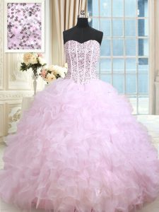 Wonderful Ruffled Lilac Sleeveless Organza Lace Up Quinceanera Gowns for Military Ball and Sweet 16 and Quinceanera