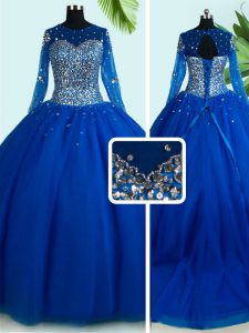 Unique Scoop Long Sleeves Tulle With Brush Train Lace Up Quinceanera Dress in Royal Blue with Beading