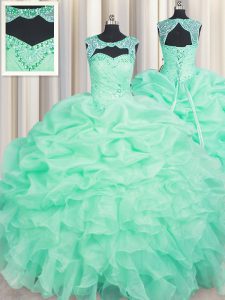 Customized Apple Green Organza Lace Up Scoop Sleeveless Floor Length Quince Ball Gowns Beading and Ruffles and Pick Ups