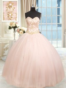 Fashion Baby Pink Sleeveless Floor Length Beading and Embroidery Lace Up Quince Ball Gowns