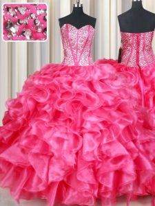 Affordable Beading and Ruffles Sweet 16 Dress Hot Pink Lace Up Sleeveless Floor Length