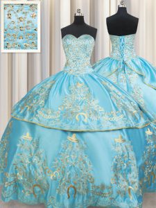 Custom Design Sweetheart Sleeveless Quince Ball Gowns Floor Length Beading and Embroidery Aqua Blue Taffeta