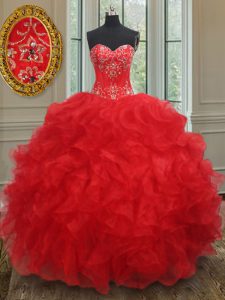 Top Selling Sleeveless Floor Length Beading and Ruffles Lace Up Quinceanera Gowns with Red