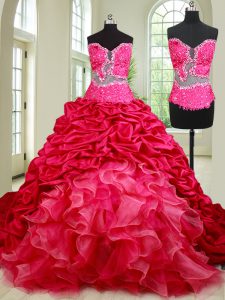 Beautiful See Through Organza and Taffeta Sweetheart Sleeveless Chapel Train Lace Up Beading and Ruffles and Pick Ups 15th Birthday Dress in Coral Red