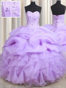Lavender Ball Gowns Beading and Ruffles and Pick Ups Quince Ball Gowns Lace Up Organza Sleeveless Floor Length
