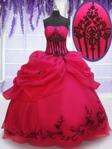 Coral Red Ball Gowns Organza Strapless Sleeveless Embroidery and Pick Ups Floor Length Lace Up Sweet 16 Quinceanera Dress
