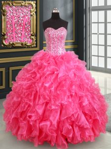 Sequins Ball Gowns Quince Ball Gowns Hot Pink Sweetheart Organza Sleeveless Floor Length Lace Up