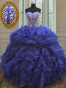 Royal Blue Lace Up Sweetheart Beading and Ruffles Sweet 16 Dresses Organza Sleeveless