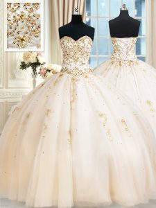 Ideal Champagne Sleeveless Floor Length Beading Lace Up 15 Quinceanera Dress
